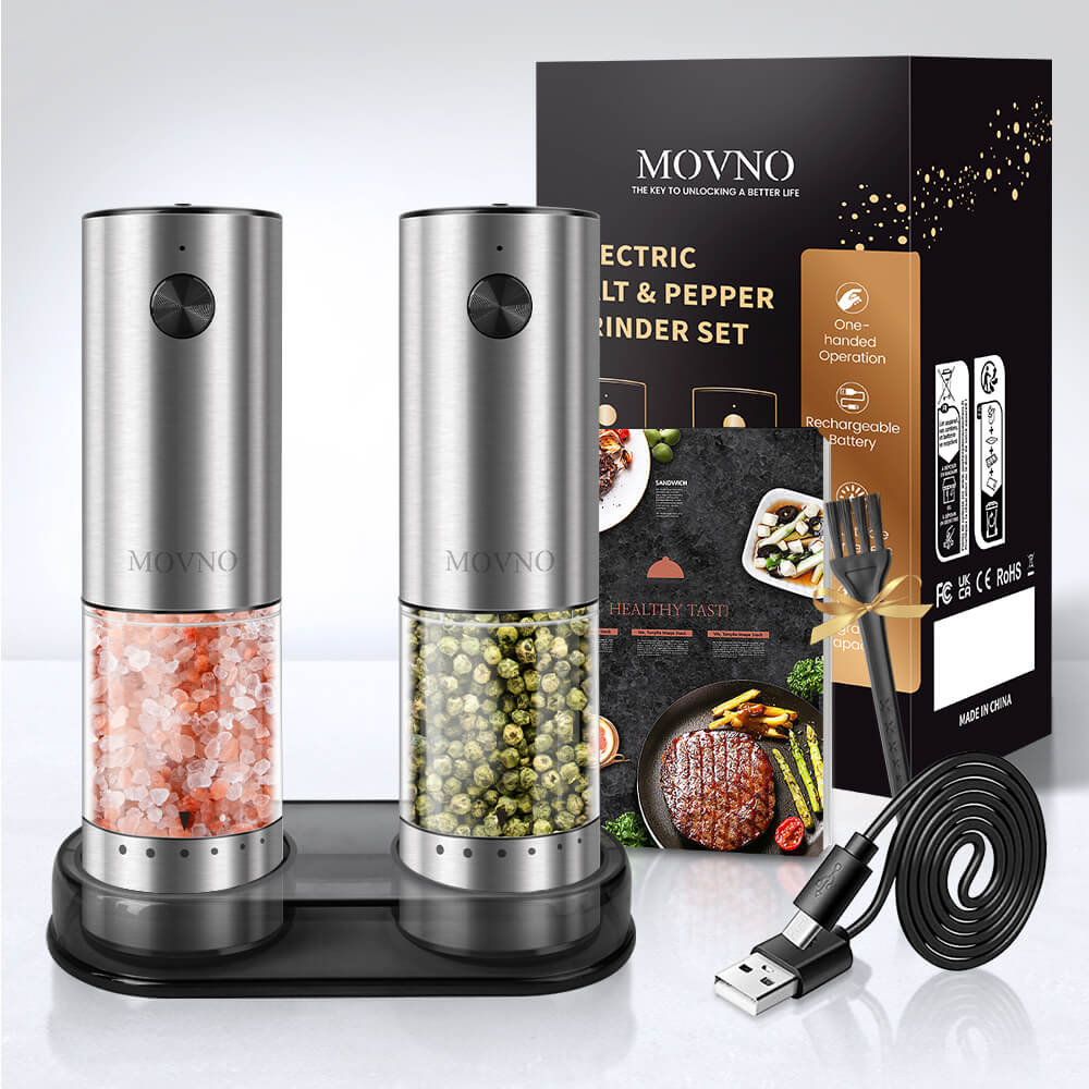 MOVNO Electric Salt \u0026 Pepper Grinder Set with Storage Base (Silver), image size:1000x1000