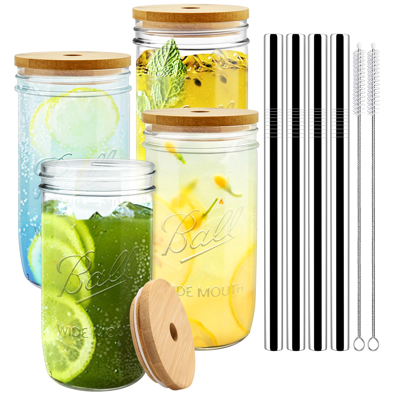 16 Oz Mason Jar Regular Mouth Beverage Cups with Bamboo Lids and