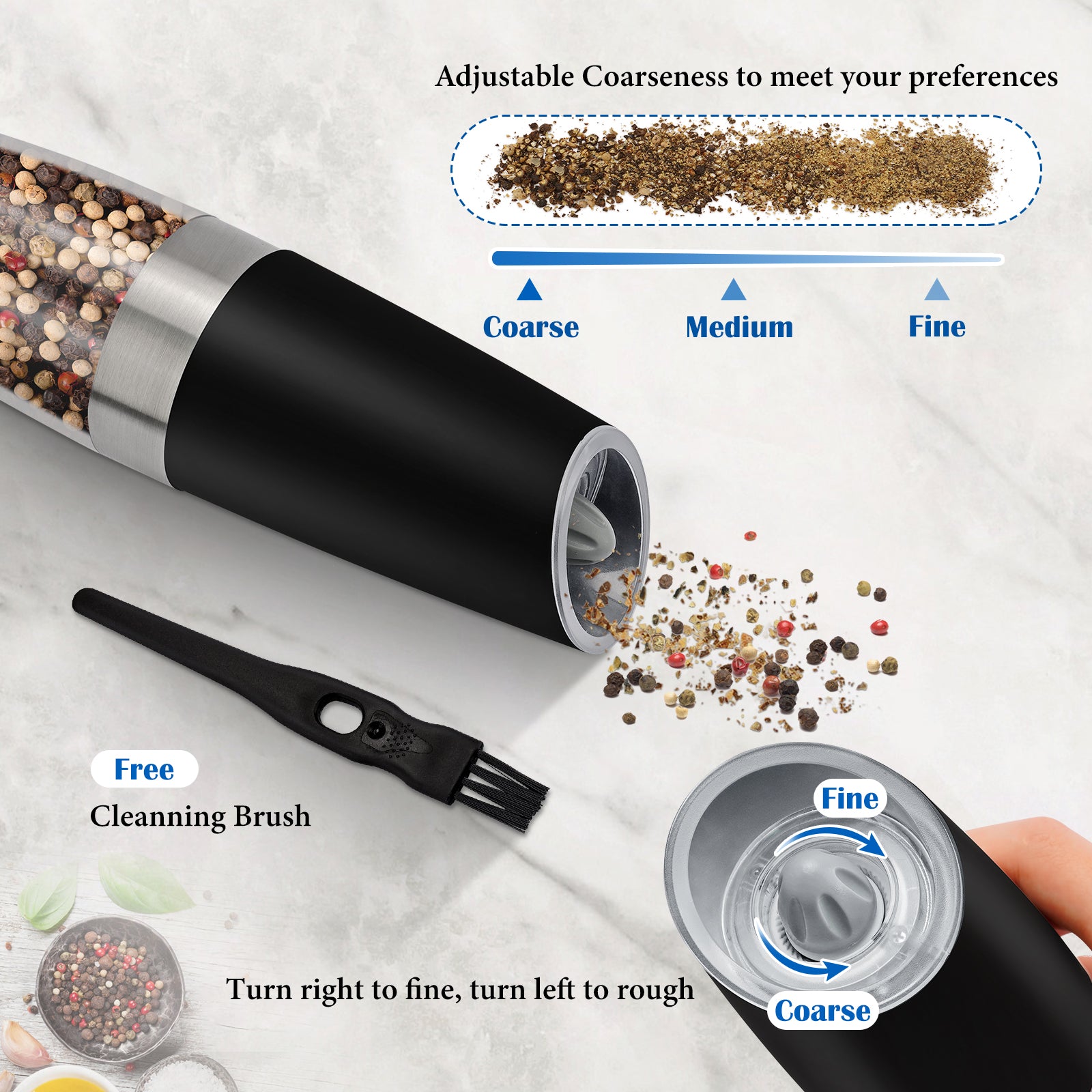 1set Gravity Induction Electric Salt & Pepper Grinder, Adjustable  Coarseness, With Led Light, Single-Hand Automatic Operation, Black (Battery  Not Included)