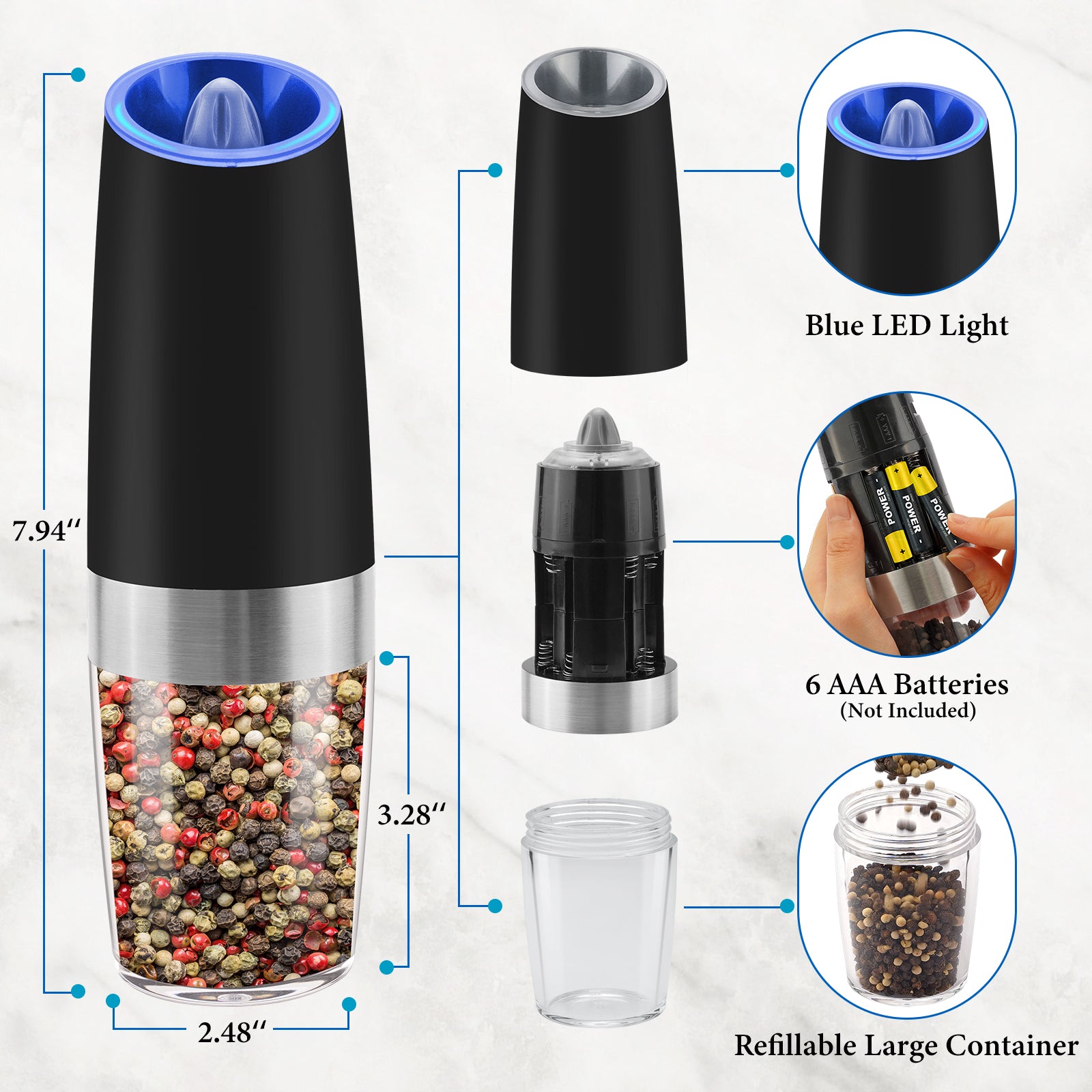 Gravity Electric Salt and Pepper Grinder Set, Battery Powered with LED Light,  Ad